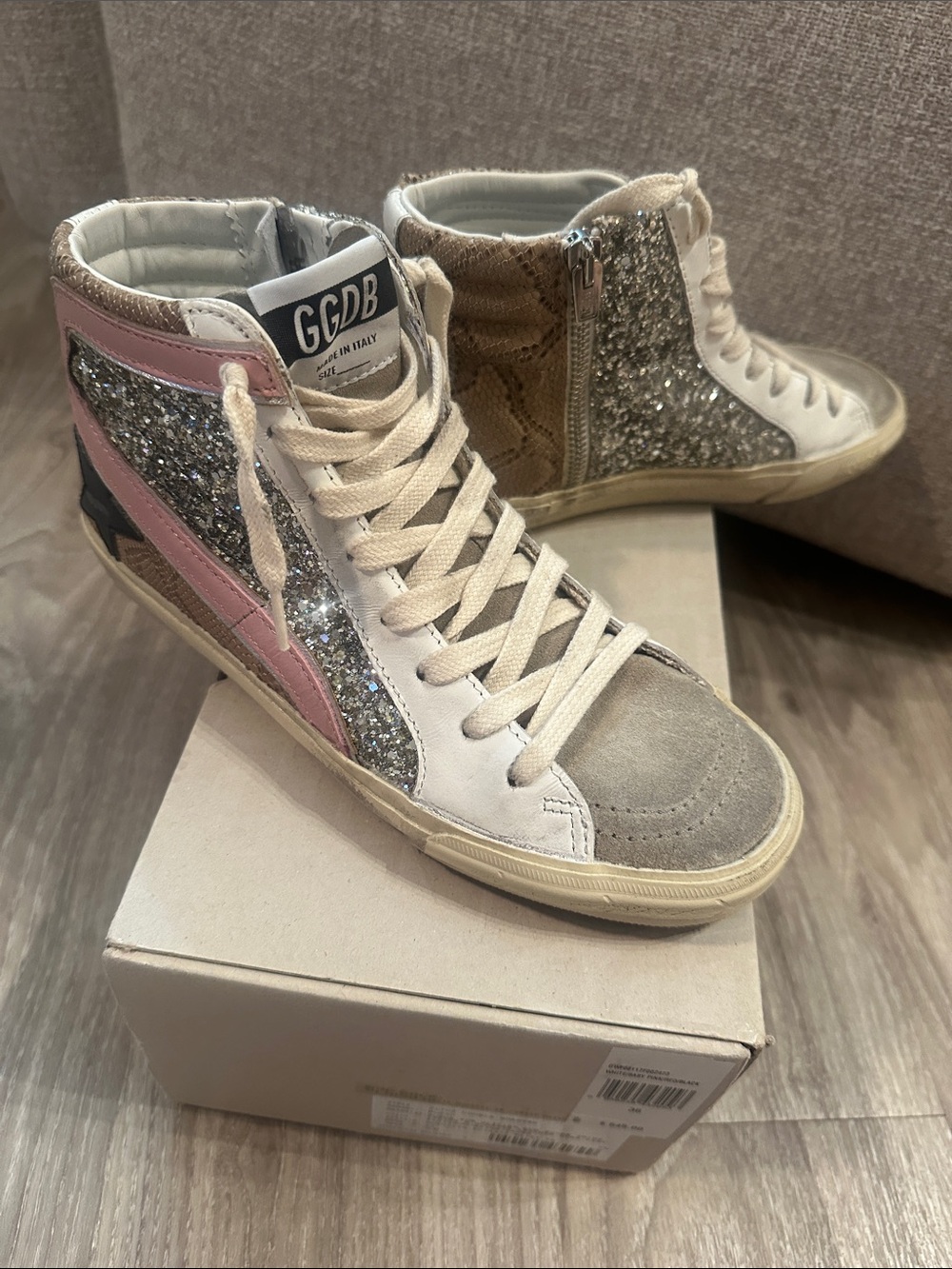 Golden Goose Suede Toe Glitter and snake print leather slide double quarter